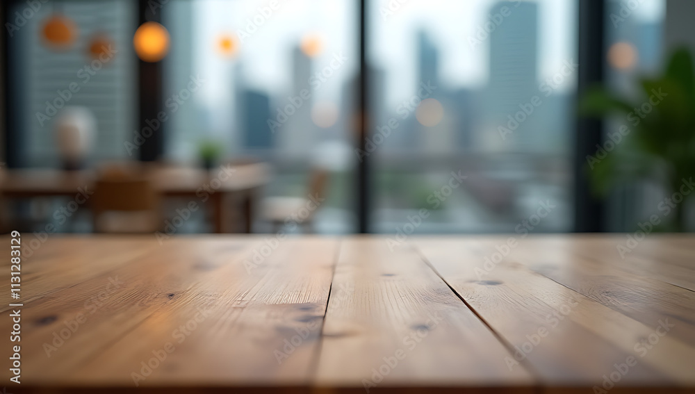 Poster end grain wood table features a blurred cityscape view through window glass as the selective focus h