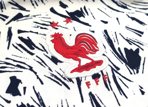 Photo of the France national football team emblem, featured on the 2020 pre-match kit.