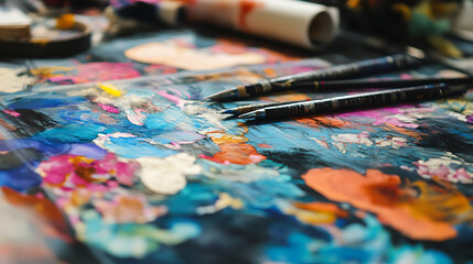 Fototapeta premium Artist's Palette: A vibrant, close-up image of an artist's palette, featuring a colorful mix of paint and brushes, showcasing the creative energy and artistic process. 