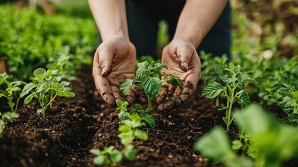 Sustainable Organic Farming Practices: Hands Nurturing Young Plants in Soil on a Green Farm