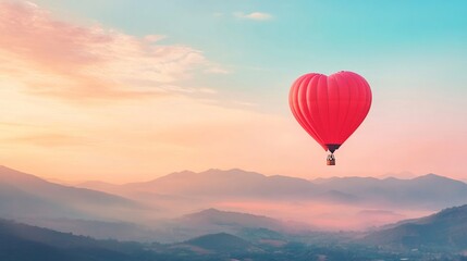 Fototapeta premium Heart-Shaped Hot Air Balloon Soaring Over Misty Mountains at Sunrise
