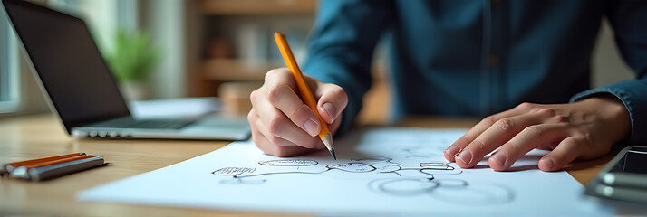 Creative ideas and concepts are sparked by brainstorming sessions using a pencil on a computer or laptop in a worktable setting._00001_