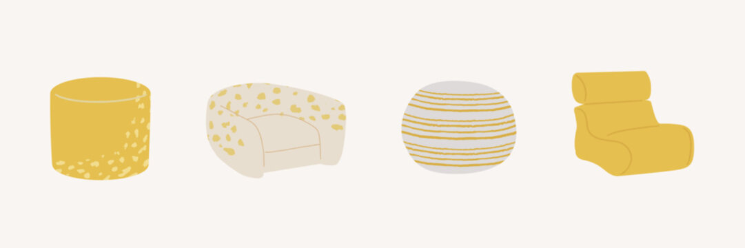 Chair vector illustration set: mid century modern sofa, armchair, rattan foot stool furniture