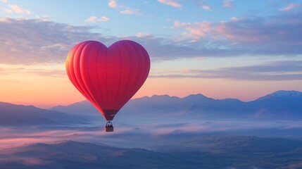 Fototapeta premium Heart-Shaped Hot Air Balloon Soaring Above Misty Mountains at Sunrise