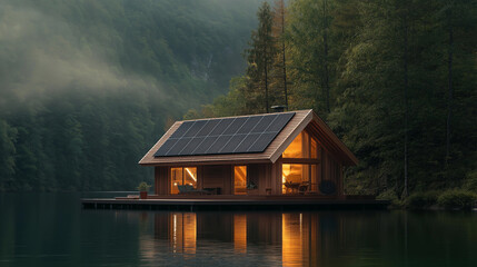 Obraz premium Sustainable wooden chalet with a solar array, positioned near a serene lake, early morning mist and sunlight framing the home