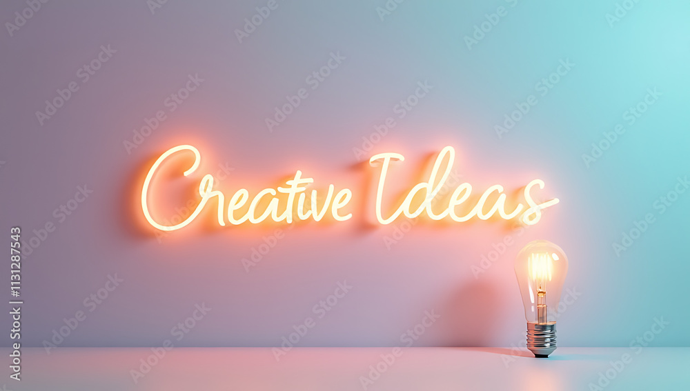 Poster Concepts of creative ideas with bright text and a lamp on a soft pastel colored background are visually appealing._00004_