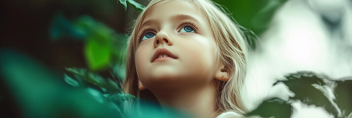 Little girl exploring nature: contemplating lush green leaves