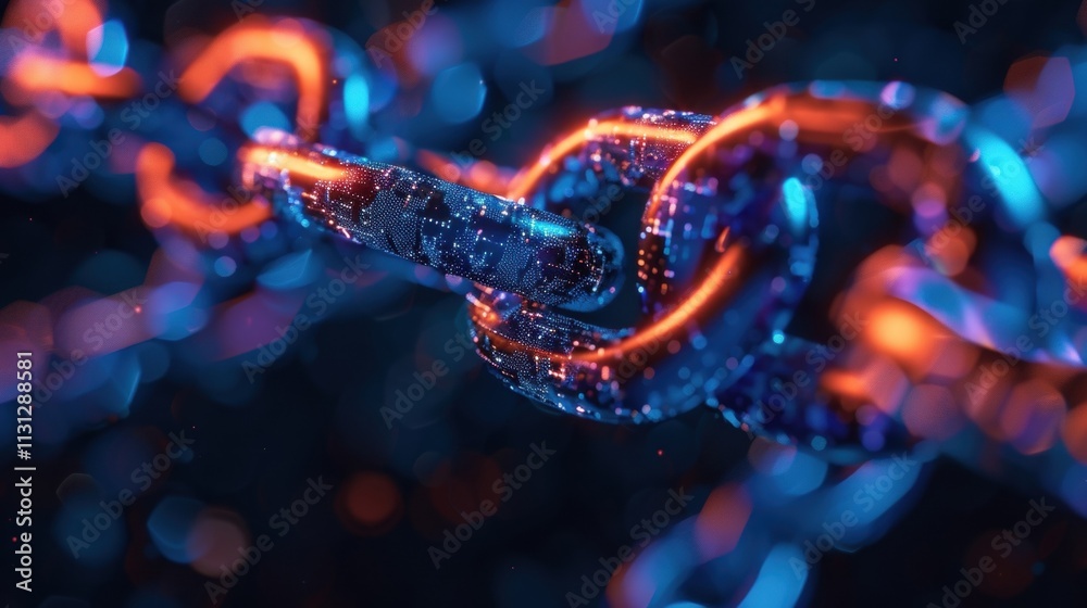Poster glowing digital chain links interconnected, symbolizing blockchain technology and secure data transm