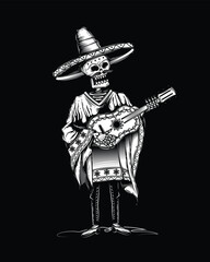 Obraz premium A skeleton in a sombrero with a guitar in his hands. Original vector illustration in vintage style. T-shirt design.