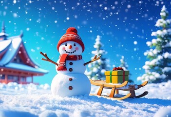 Obraz premium A cartoon funny snowman in the evening winter forest.