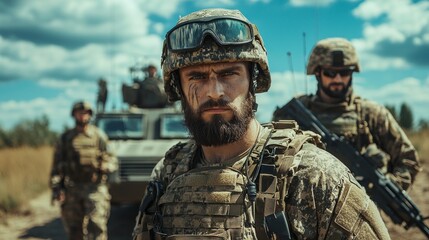 Fototapeta premium Russian special military personnel engage in tactical drills in a remote area. Their expression conveys determination and readiness, showcasing teamwork and resilience in challenging environments