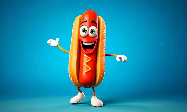Happy Dancing Hot Dog Character on a Blue Background
