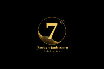 Creative Happy anniversary logo. 7th Golden Anniversary logo vector. Ideal for company Anniversary, Industry Events, jubilee, Birthday celebrations, wedding.