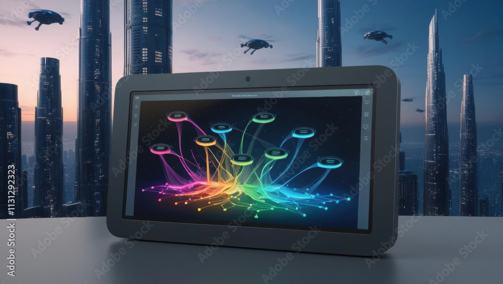 Poster digital interface displaying ai algorithm analyzing colorful data streams with futuristic cityscape 