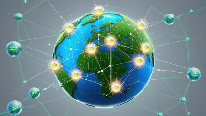 conceptual illustration of digital globe with interconnected data nodes and glowing icons symbolizing AI driven global systems, showcasing innovation and connectivity