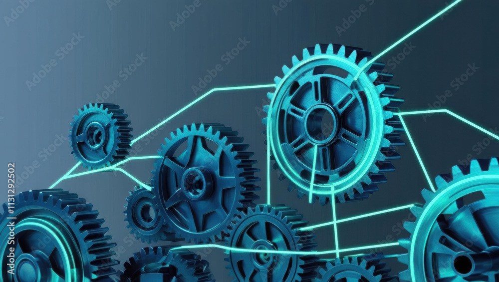 Poster glowing network of gears interconnected with glowing lines symbolizes seamless operation of ai autom