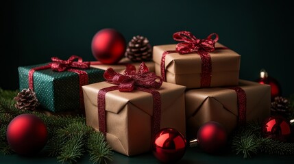 Festive holiday gifts with ornaments and pinecones