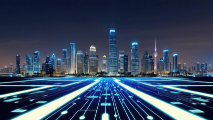 Fototapeta premium smart city skyline at night, illuminated with glowing pathways representing AI powered data and automated systems, creating futuristic atmosphere