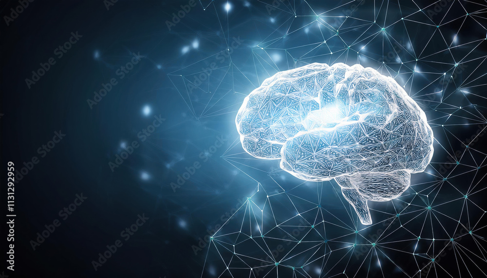 Poster glowing 3d brain formed from interconnected nodes and data points, symbolizing ai intelligence and t
