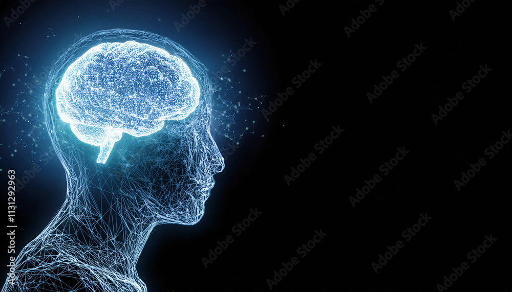 Poster glowing 3d brain formed from interconnected nodes and data points symbolizes ai intelligence and inn