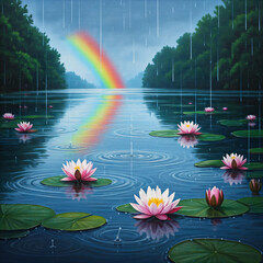 lilies on the lake,  rainbow and rain, lilies on the lake, water lily on the lake, water lily in the pond