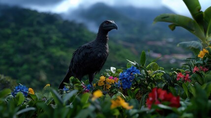 Fototapeta premium A black bird is standing in a field of flowers