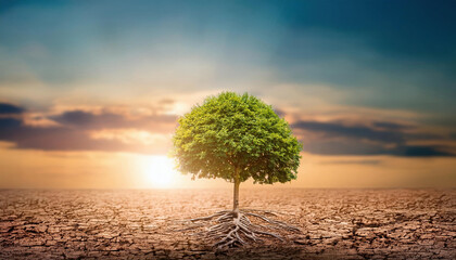 serene nature scene of tree growing in barren land, symbolizing resilience and recovery, showcasing hope and strength in challenging environments