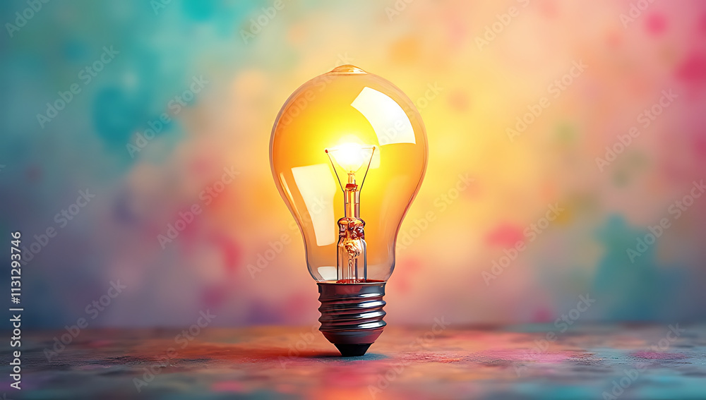 Poster bright ideas for creative concepts emerge from a colorful lightbulb amidst a soft pastel colored bac