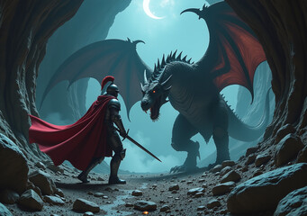 brave knight battles fierce dragon within dark mysterious underground cavern