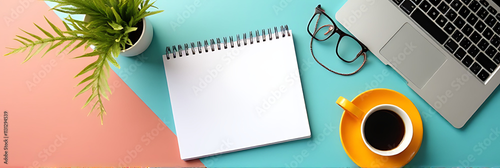Poster Brainstorming creative concepts with a notepad, coffee, and laptop on a colorful background in a flat lay setup._00001_