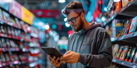 Obraz premium Young man browsing technology books in illuminated store