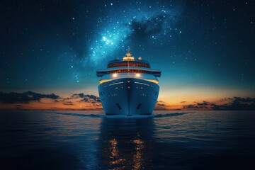 Fototapeta premium Luxurious travel experience on a modern cruise ship, sailing under a starry night sky and colorful sunset on a calm ocean