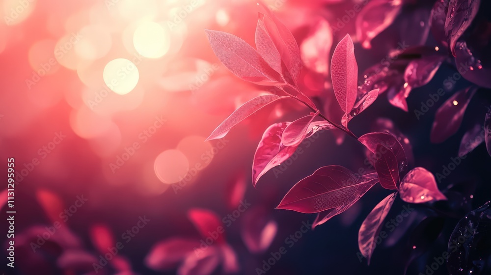 Aufkleber Backlit foliage with glowing bokeh effect creating a dreamy and atmospheric nature background in soft pink and purple hues