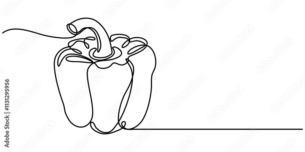 Poster Bell pepper in continuous line art drawing style. Black linear sketch isolated on white background. Vector illustration, Capsicum continuous one line art drawing of vector illustration, Continuous one