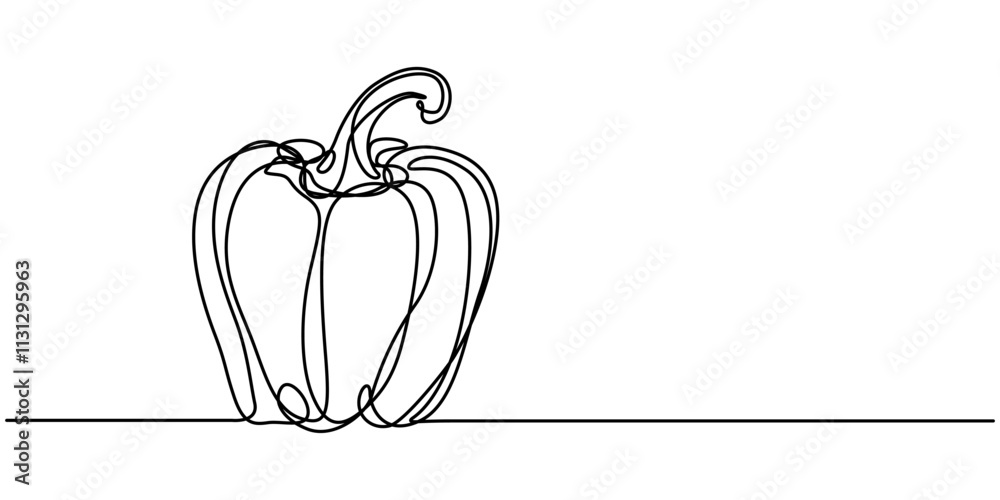 Poster Bell pepper in continuous line art drawing style. Black linear sketch isolated on white background. Vector illustration, Capsicum continuous one line art drawing of vector illustration, Continuous one
