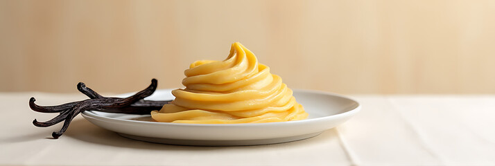 Aromatic vanilla food presentation on a clean white plate set against a plain neutral colored tablecloth backdrop._00004_