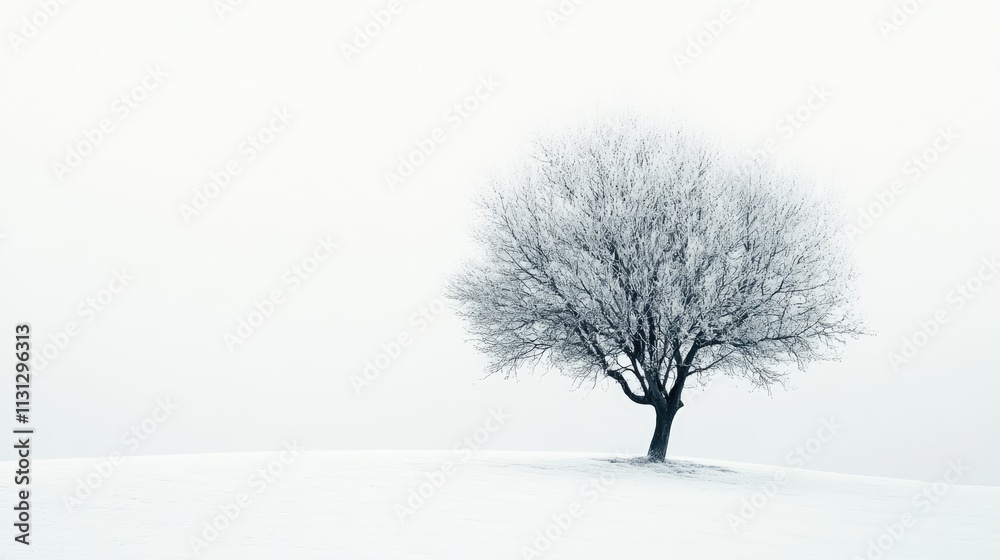 Poster solitary winter tree in a snowy landscape with foggy white background capturing tranquility and mini