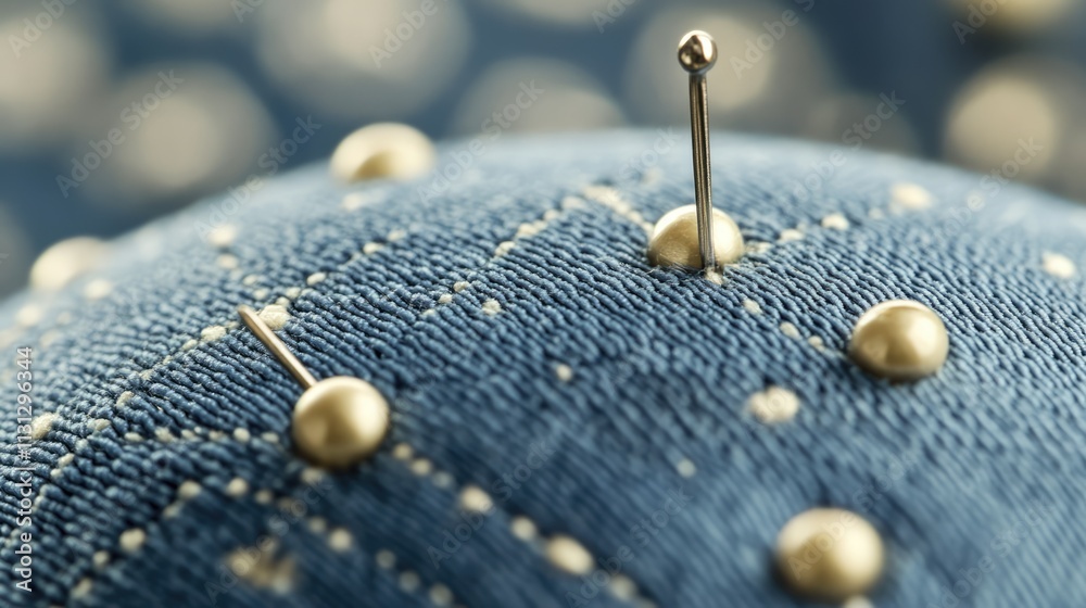 Poster Close Up of Tailor Pins Embedded in a Textured Globe Ball Representing Global Fashion and Textile Design