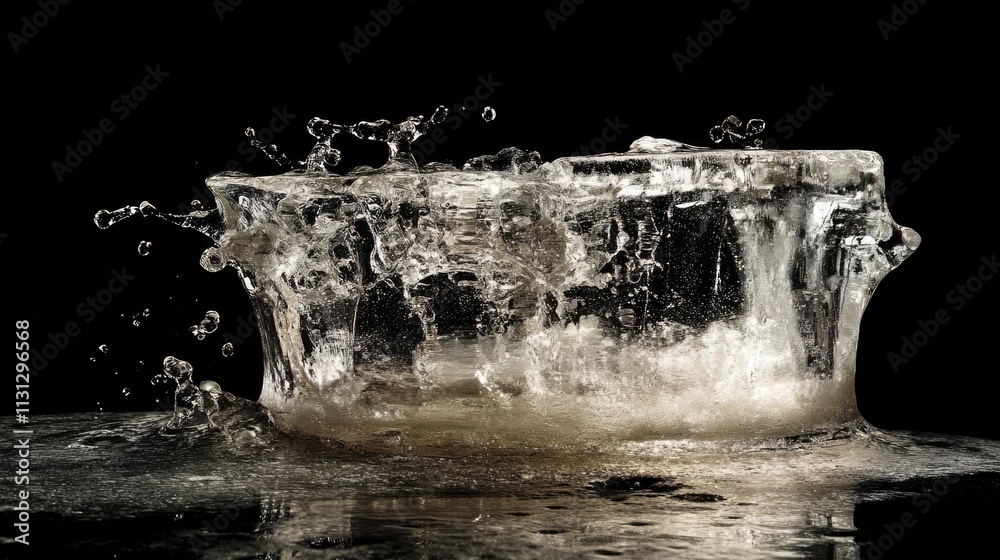 Poster dynamic ice splash with water droplets captured in high detail against a black background for artist