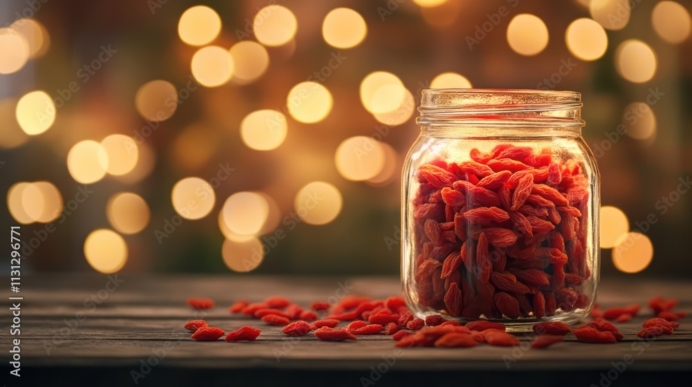 Poster Glass jar filled with illuminated dried goji berries surrounded by a soft bokeh background creating a warm and inviting atmosphere