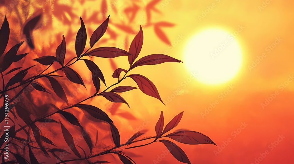 Poster silhouette of leaf branch against vibrant sunset with warm colors creating a serene and calming atmo