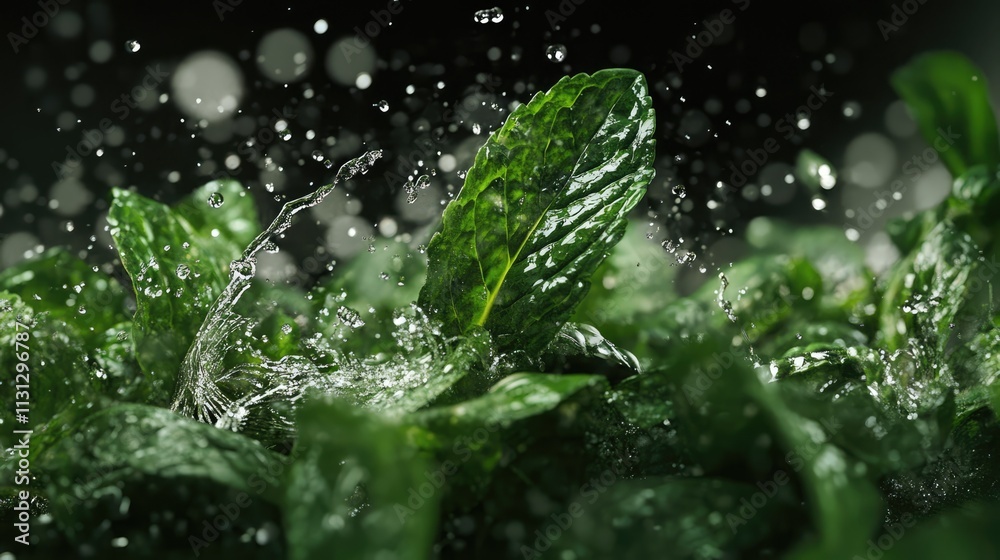 Poster fresh mint leaves splashing in water with droplets creating a refreshing and vibrant natural scene