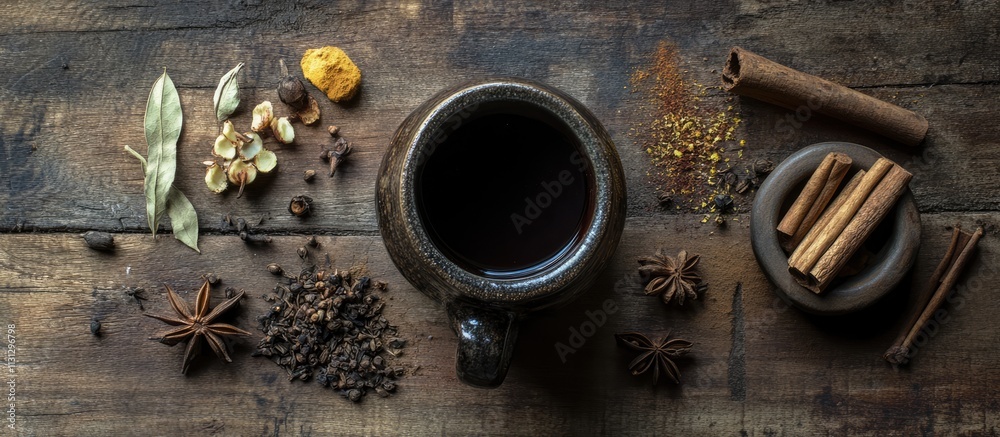 Poster warm mulled wine in a rustic mug with spices and ingredients arranged on a wooden surface creating a