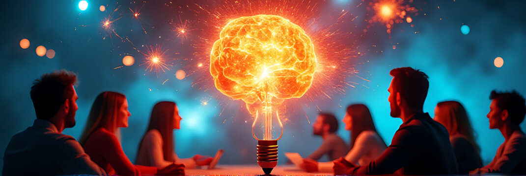 ainstorming sparks creativity within a collaborative atmosphere where innovative ideas and inspiration emanate from a bright and colorful source._00001_