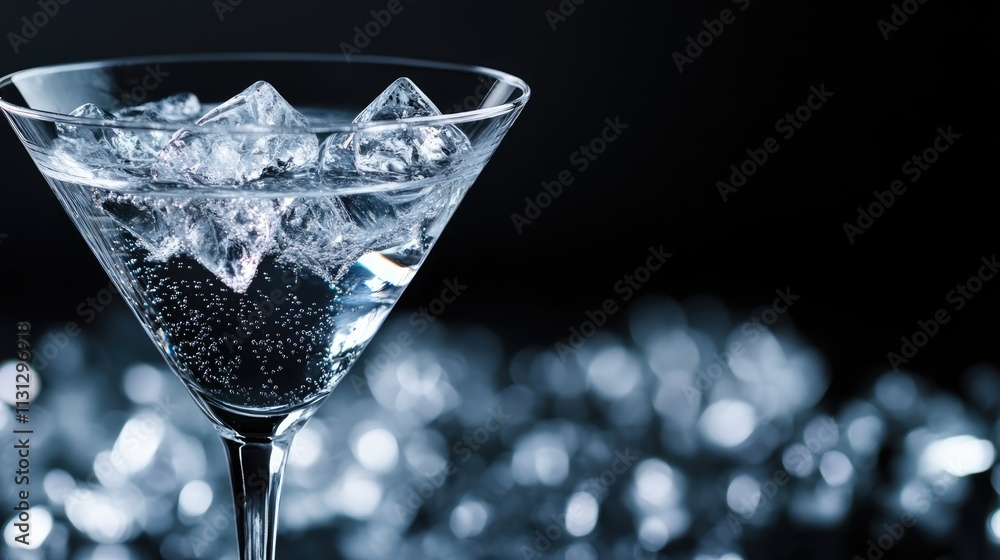 Poster martini glass filled with ice and sparkling water against a dark background highlighting frosty text