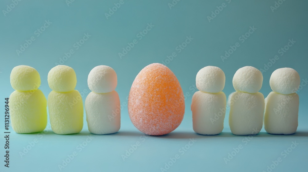 Poster colorful marshmallow candy figures arranged in a row with a decorative candy egg in the center on a 