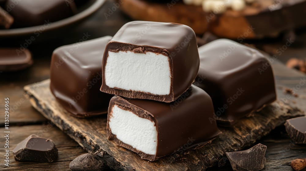 Aufkleber chocolate coated marshmallows stacked on a rustic wooden surface surrounded by cocoa and chocolate p