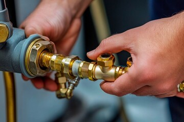 Skilled plumber expertly connects metal fittings in a workshop to ensure leak-free pipes