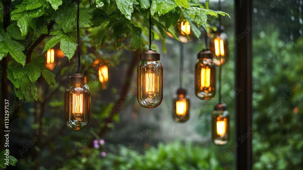 Poster vintage hanging string lights illuminating a garden tree on a rainy day with a rustic modern aesthet
