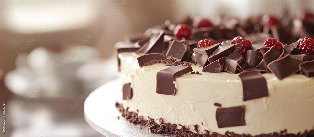 Poster delicious layer cake with rich chocolate decorations and fresh raspberries elegantly displayed on a 